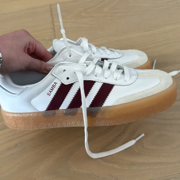 adidas White Sneakers with Maroon Stripes and Gum Sole — Clean Retro Style - Picture 2 of 5